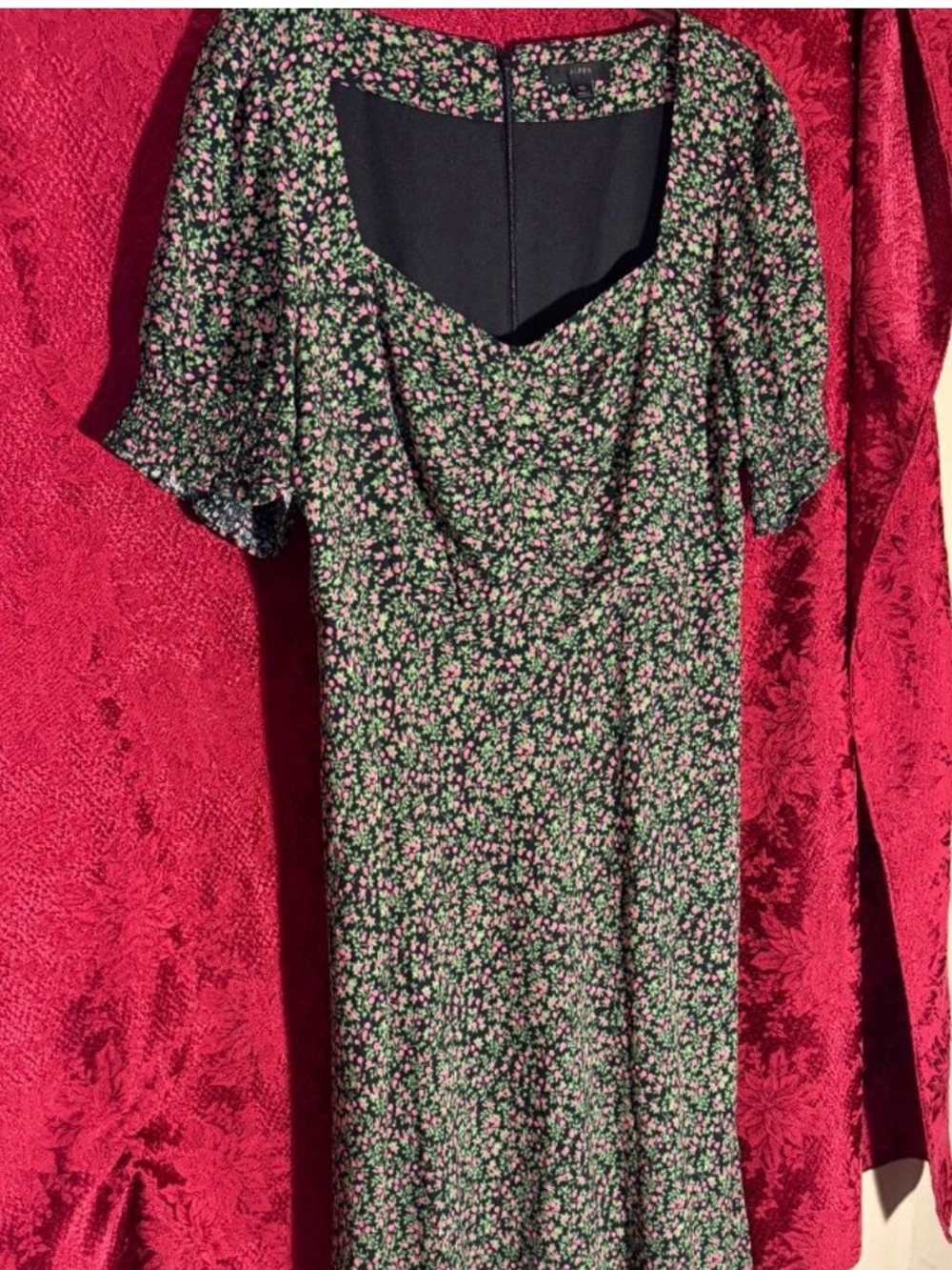 J Crew Smocked Sleeve Prairie Rose Black Pink Floral Print Dress Sz 10